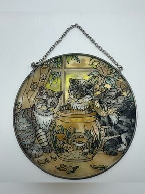 AMIA Hand Painted Stained Glass Suncatcher Debbie Cook Kittens Fishbowl Cat